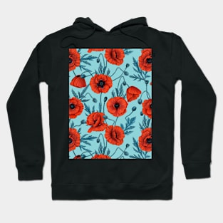 Poppies, red and blue on pool blue Hoodie